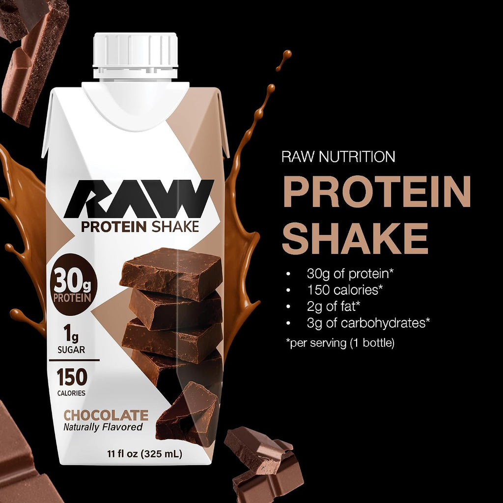 RAW Chocolate Protein Shake - Ready-to-drink Protein Drinks with 30g of Grass-Fed Whey Protein Isolate for Post-Workout - Low-Sugar & Gluten-Free Meal Replacement Drink & Breakfast Shake, 12 Fl Oz (12-Pack)