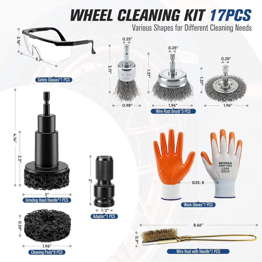 Wheel Hub Cleaning Tool Kit, 17 PCS Wheel Stud Rust Remover Tool with Goggles & Gloves, Surface Cleaning Pad Fits 1/2" Impact Wrench & Drill, for Vehicle Rotors, Hubs and Brake Service