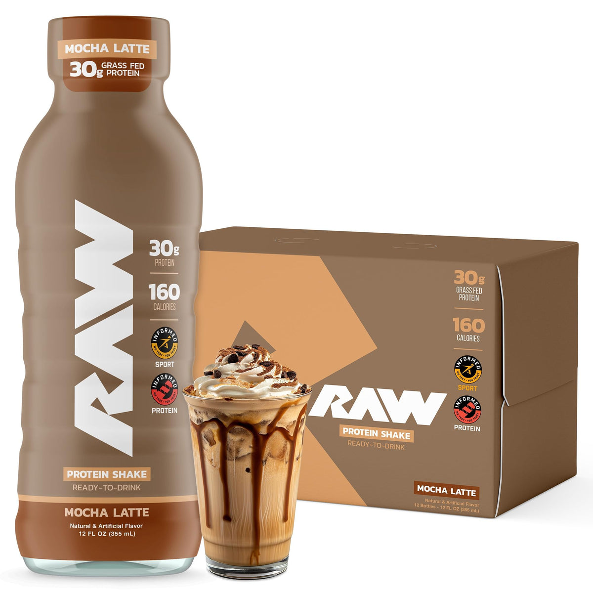 RAW Ready-to-Drink Protein Shake, Cookies & Cream - RTD Protein Drinks with Grass-Fed Whey Isolate for Post-Workout - Zero-Sugar & Gluten-Free Meal Replacement Drink & Breakfast Shake, 12 Fl Oz