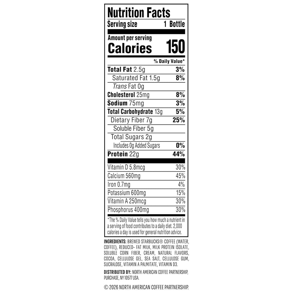 Starbucks Coffee & Protein, Caffe Mocha, 12 fl oz Bottles, (12 Pack), 22g 2g Sugar, No Added 5g Prebiotic Fiber, High Iced Coffee, Vegetarian