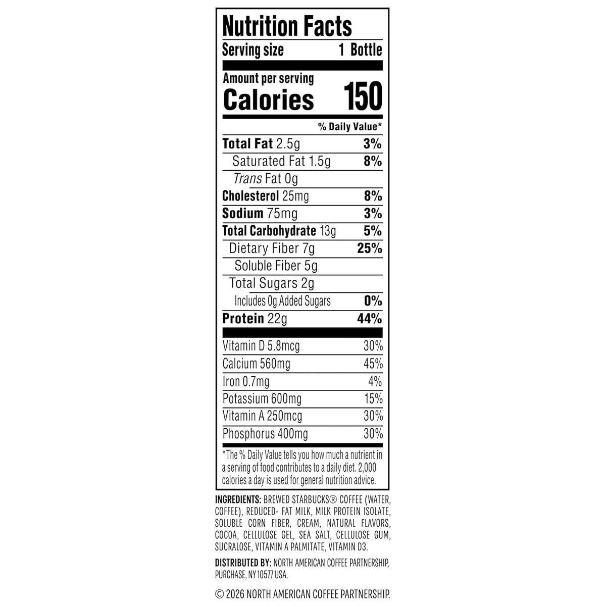 Starbucks Coffee & Protein, Caffe Mocha, 12 fl oz Bottles, (12 Pack), 22g 2g Sugar, No Added 5g Prebiotic Fiber, High Iced Coffee, Vegetarian