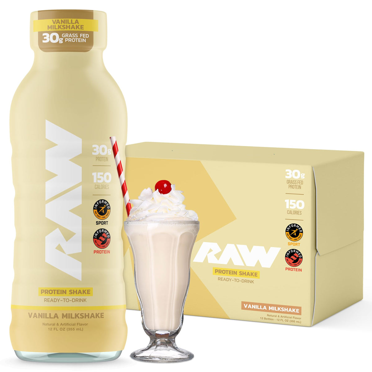 RAW Ready-to-Drink Protein Shake, Cookies & Cream - RTD Protein Drinks with Grass-Fed Whey Isolate for Post-Workout - Zero-Sugar & Gluten-Free Meal Replacement Drink & Breakfast Shake, 12 Fl Oz