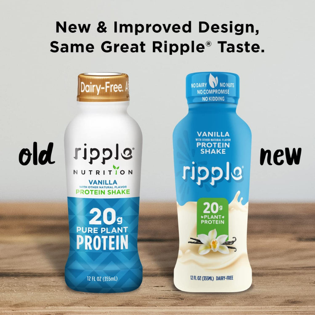 Ripple Vegan Protein Shake | Vanilla | 20g Nutritious Plant Based Pea Protein | Shelf Stable | No GMOs, Soy, Nut, Gluten, Lactose | 12 Oz, 4 Pack