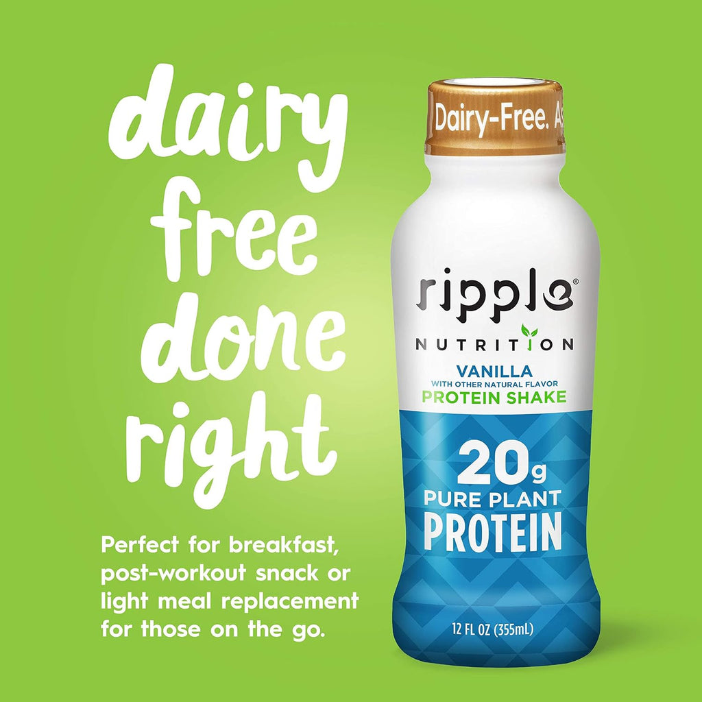 Ripple Vegan Protein Shake | Vanilla | 20g Nutritious Plant Based Pea Protein | Shelf Stable | No GMOs, Soy, Nut, Gluten, Lactose | 12 Oz, 4 Pack