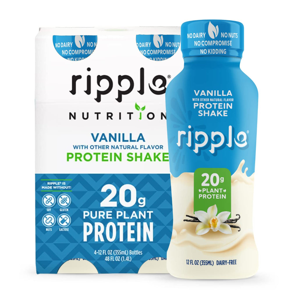 Ripple Vegan Protein Shake | Vanilla | 20g Nutritious Plant Based Pea Protein | Shelf Stable | No GMOs, Soy, Nut, Gluten, Lactose | 12 Oz, 4 Pack