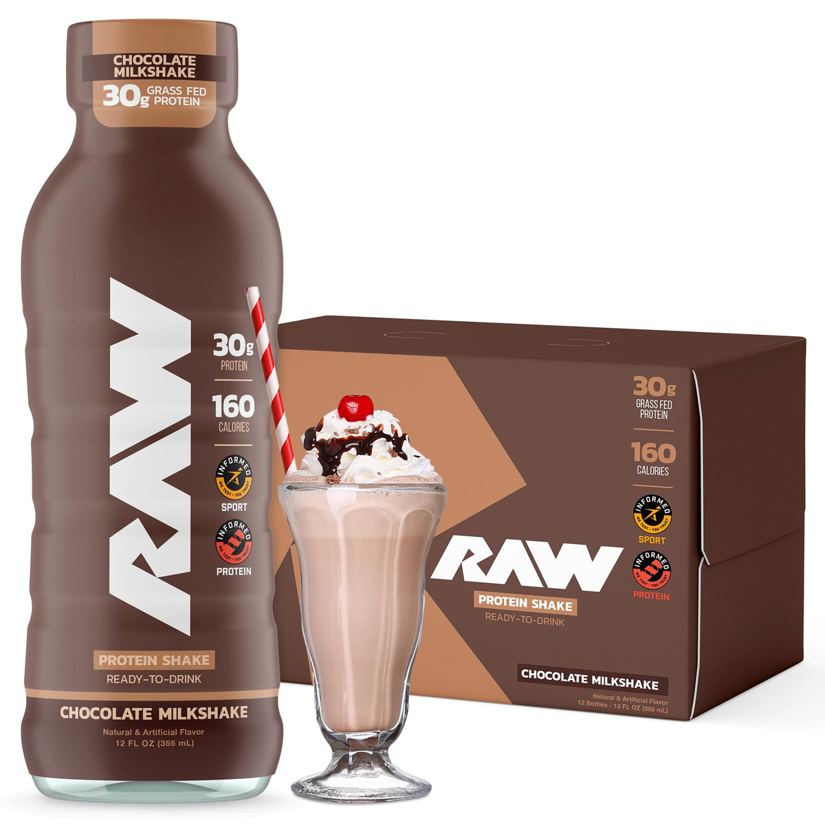RAW Ready-to-Drink Protein Shake, Cookies & Cream - RTD Protein Drinks with Grass-Fed Whey Isolate for Post-Workout - Zero-Sugar & Gluten-Free Meal Replacement Drink & Breakfast Shake, 12 Fl Oz