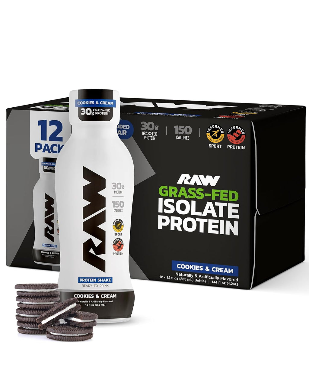 RAW Ready-to-Drink Protein Shake, Cookies & Cream - RTD Protein Drinks with Grass-Fed Whey Isolate for Post-Workout - Zero-Sugar & Gluten-Free Meal Replacement Drink & Breakfast Shake, 12 Fl Oz