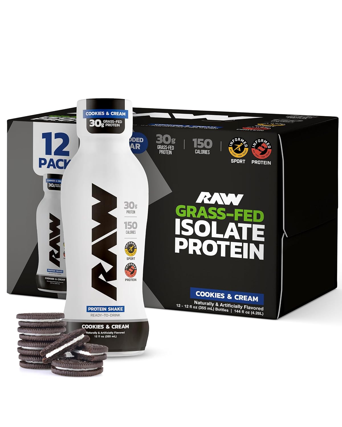 RAW Ready-to-Drink Protein Shake, Cookies & Cream - RTD Protein Drinks with Grass-Fed Whey Isolate for Post-Workout - Zero-Sugar & Gluten-Free Meal Replacement Drink & Breakfast Shake, 12 Fl Oz