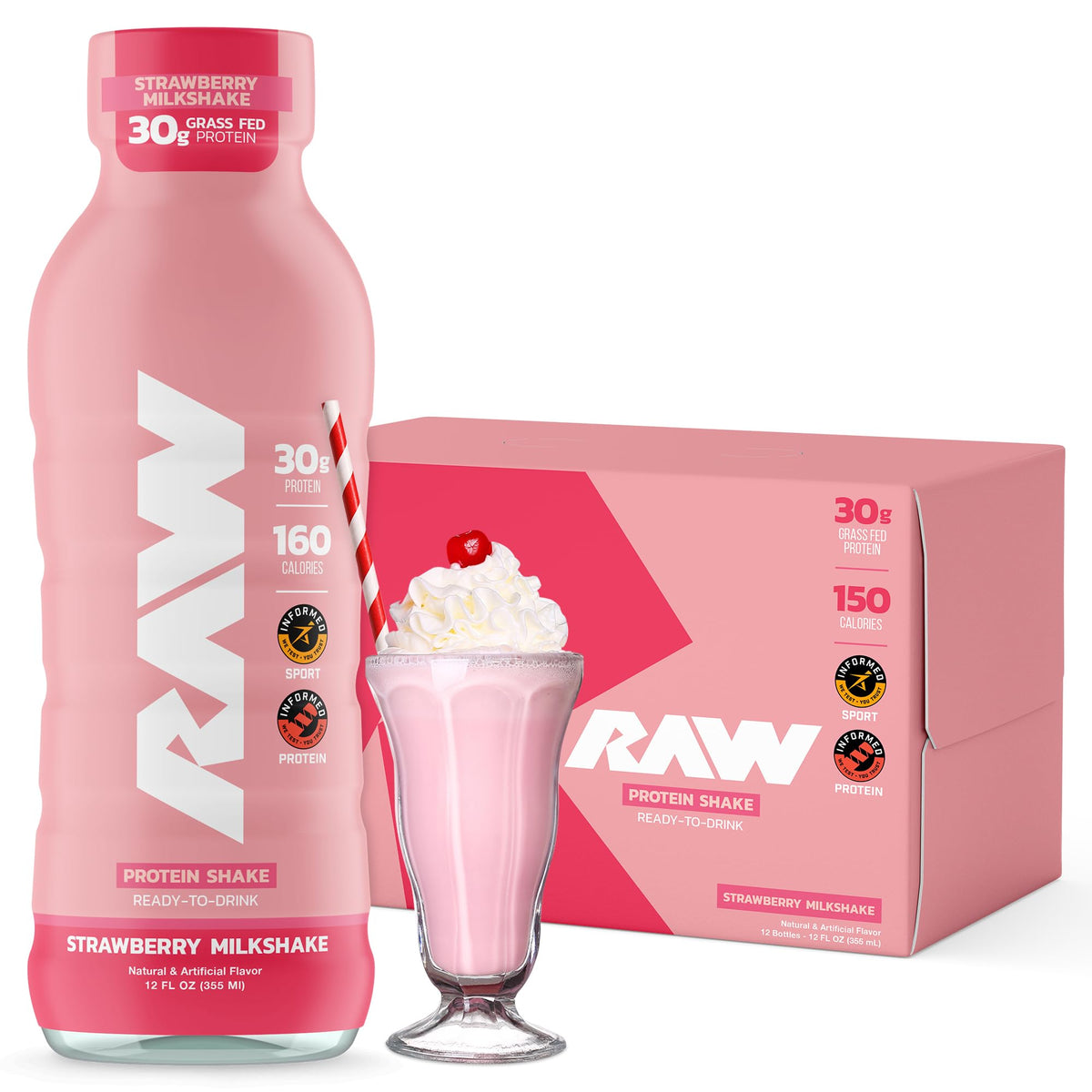 RAW Ready-to-Drink Protein Shake, Cookies & Cream - RTD Protein Drinks with Grass-Fed Whey Isolate for Post-Workout - Zero-Sugar & Gluten-Free Meal Replacement Drink & Breakfast Shake, 12 Fl Oz