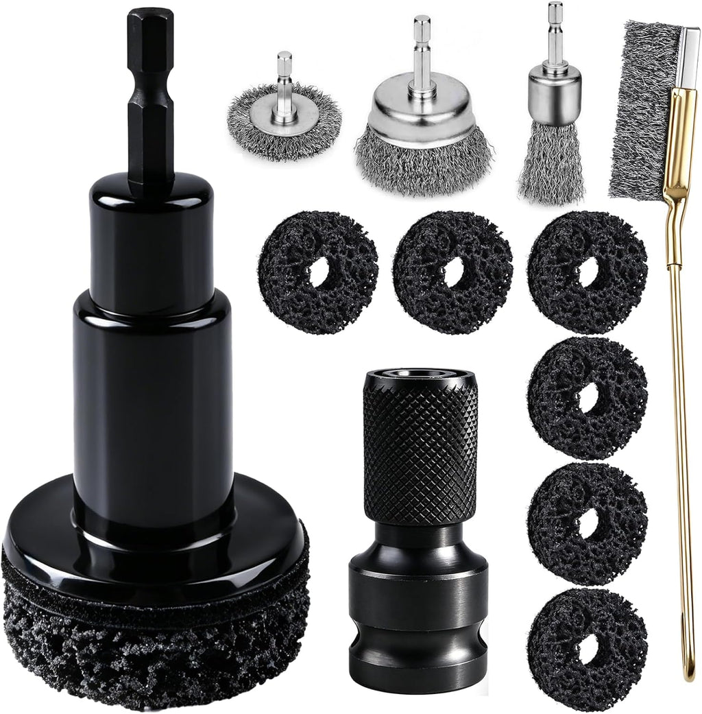 12Pcs Wheel Hub Cleaning Tool & Wire Wheel Kit -Quick Rust Removal | Fits Power Drill & 1/2" Impact Wrenches,Wheel Hub Resurfacing Kit with 6 cleaning pads,3 wire wheels,1rust remover brush