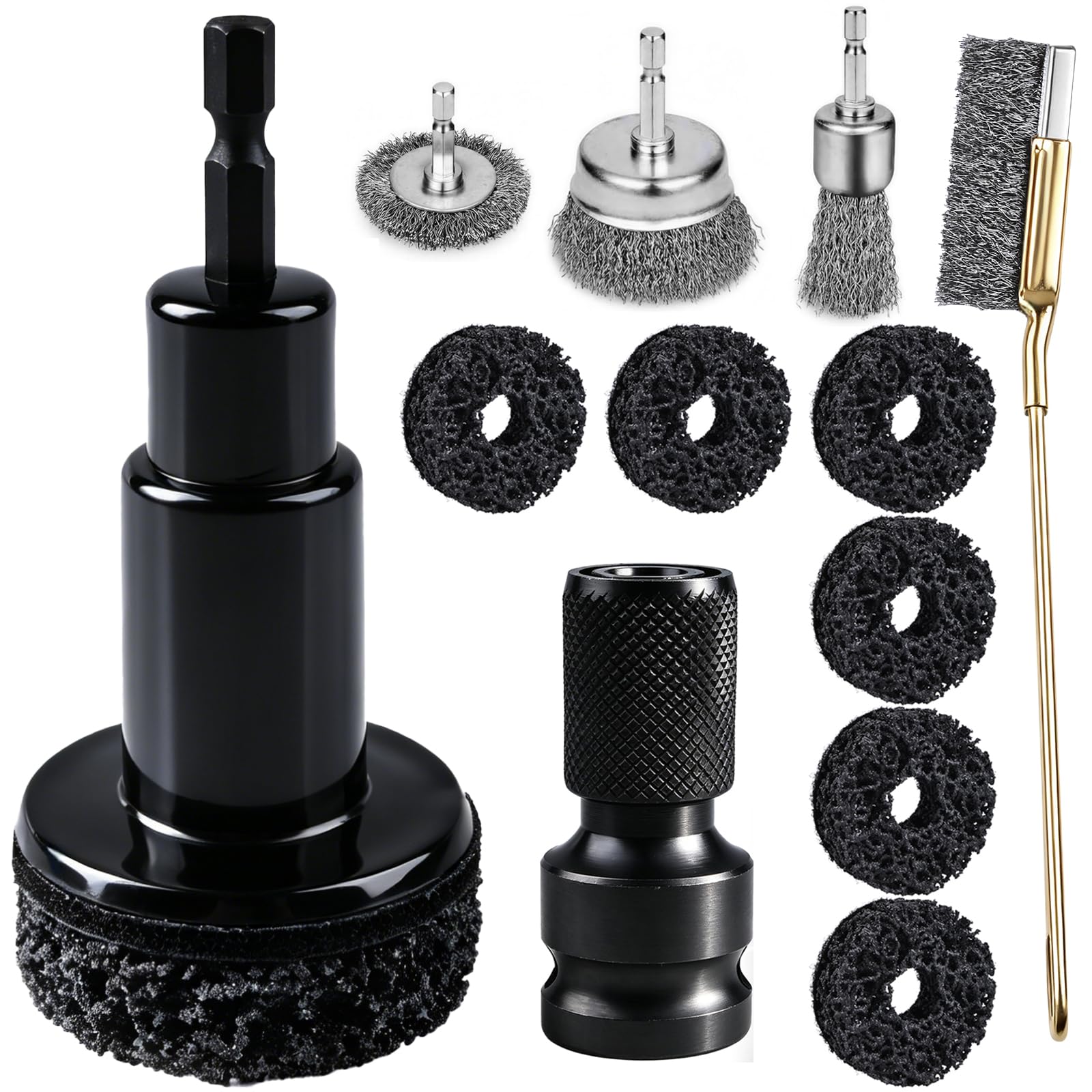 12Pcs Wheel Hub Cleaning Tool & Wire Wheel Kit -Quick Rust Removal | Fits Power Drill & 1/2" Impact Wrenches,Wheel Hub Resurfacing Kit with 6 cleaning pads,3 wire wheels,1rust remover brush