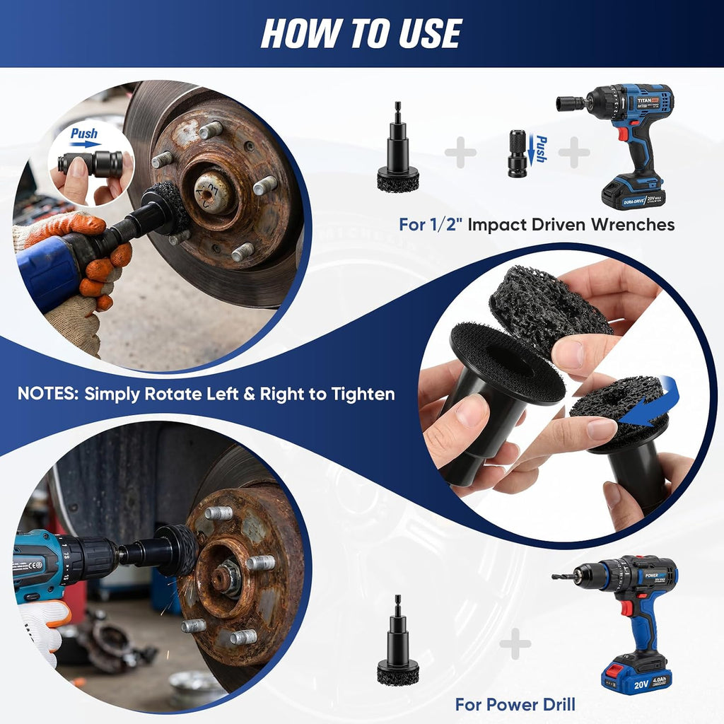 Wheel Hub Cleaning Tool Kit, 17 PCS Wheel Stud Rust Remover Tool with Goggles & Gloves, Surface Cleaning Pad Fits 1/2" Impact Wrench & Drill, for Vehicle Rotors, Hubs and Brake Service