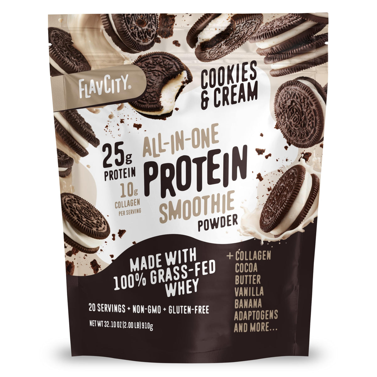 FlavCity All in One Protein Shake Powder, Salted Caramel - On the Go Meal Alternative + Collagen Peptides, Reishi & Cordyceps - Focus, Skin, Hair & Joint Support - 100% Grass Fed Whey, 20 Servings