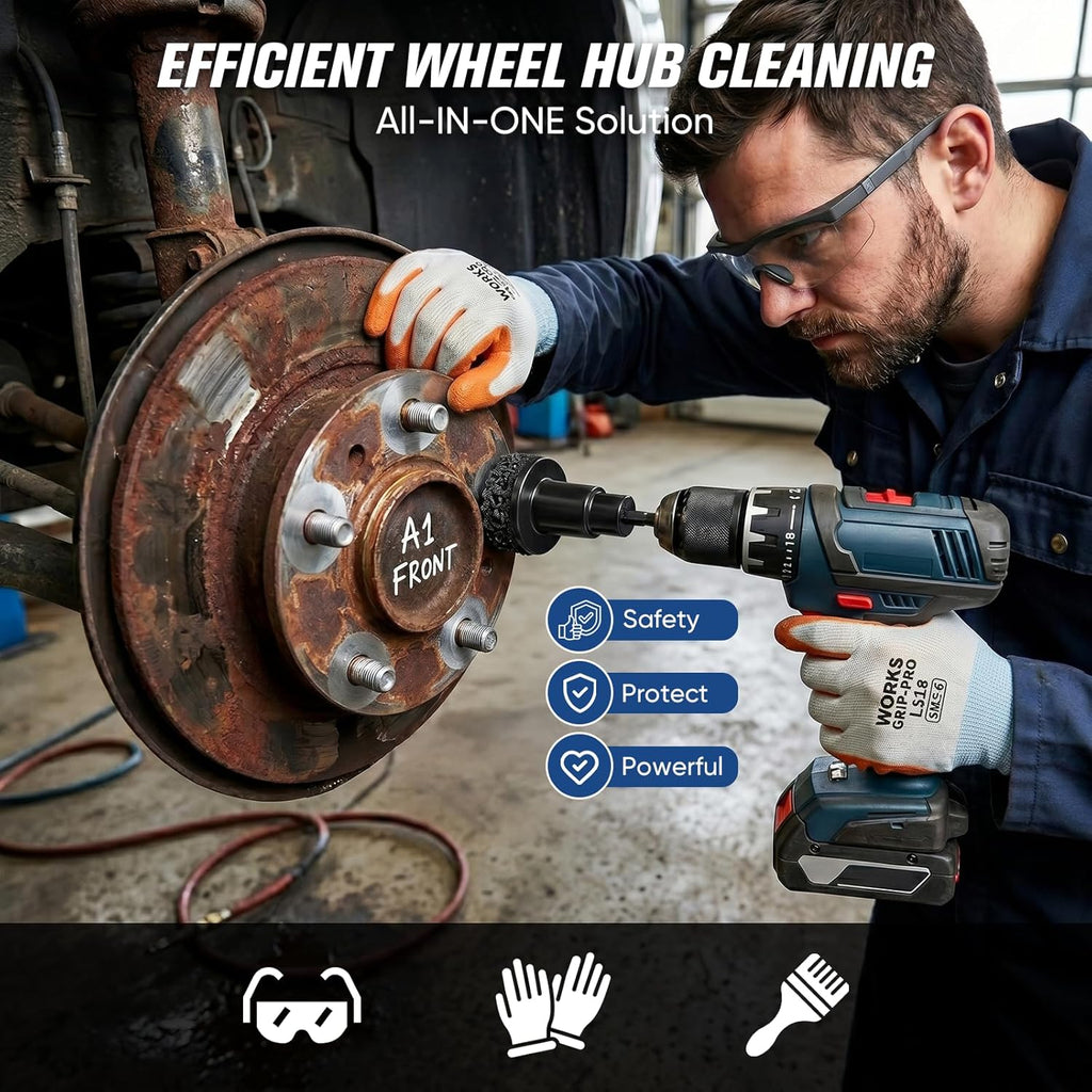 Wheel Hub Cleaning Tool Kit, 17 PCS Wheel Stud Rust Remover Tool with Goggles & Gloves, Surface Cleaning Pad Fits 1/2" Impact Wrench & Drill, for Vehicle Rotors, Hubs and Brake Service