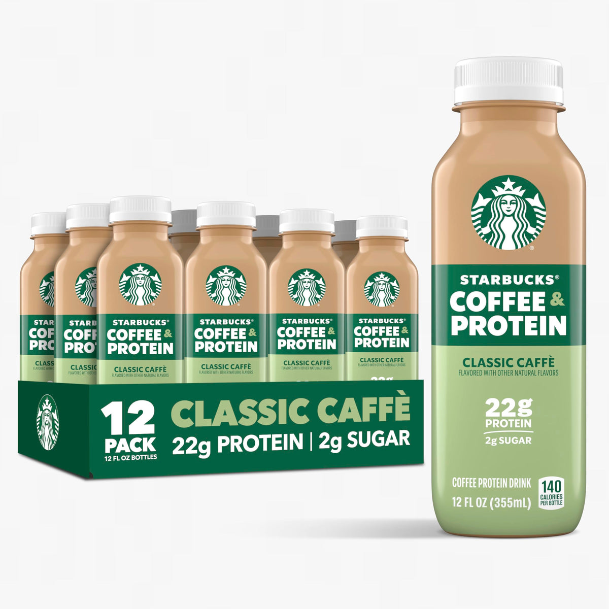 Starbucks Coffee & Protein, Caffe Mocha, 12 fl oz Bottles, (12 Pack), 22g 2g Sugar, No Added 5g Prebiotic Fiber, High Iced Coffee, Vegetarian