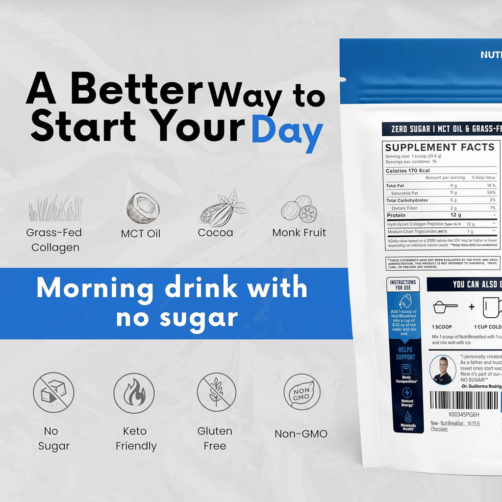 Nutri11 NutriBreakfast by Nutrillermo/Keto Protein Collagen Powder with MCT Oil/MCT Oil Powder/Keto Collagen Peptides with Grass-Fed Bovine Collagen Type I & III (15.9, Chocolate)