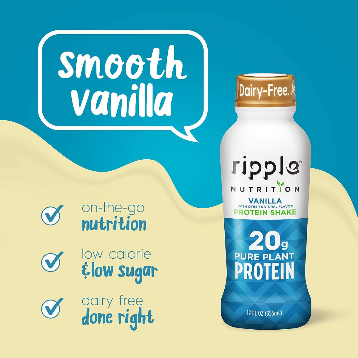 Ripple Vegan Protein Shake | Vanilla | 20g Nutritious Plant Based Pea Protein | Shelf Stable | No GMOs, Soy, Nut, Gluten, Lactose | 12 Oz, 4 Pack