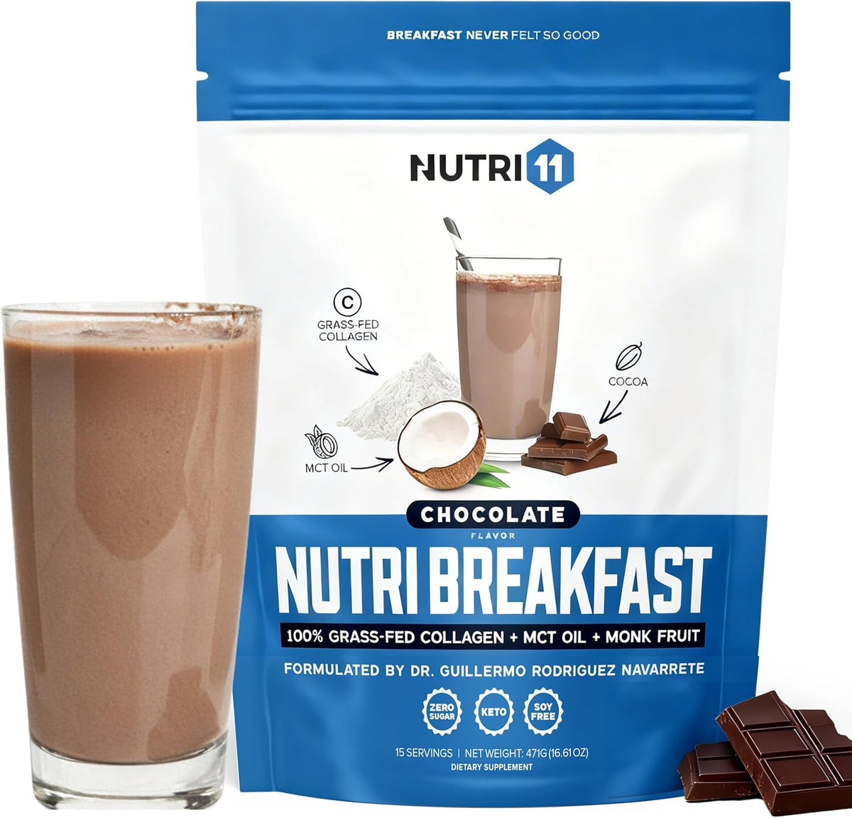 Nutri11 NutriBreakfast by Nutrillermo/Keto Protein Collagen Powder with MCT Oil/MCT Oil Powder/Keto Collagen Peptides with Grass-Fed Bovine Collagen Type I & III (15.9, Chocolate)