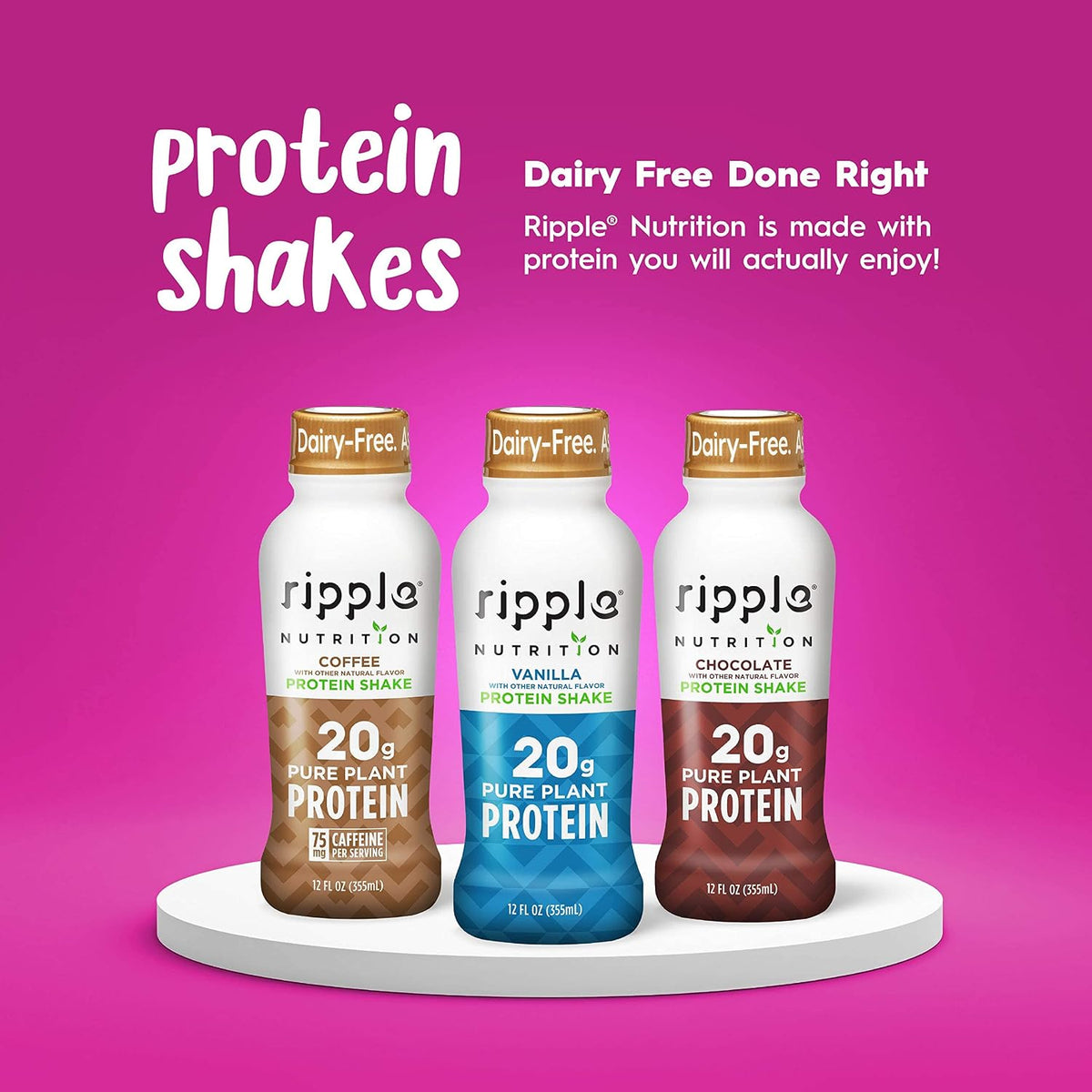Ripple Vegan Protein Shake | Vanilla | 20g Nutritious Plant Based Pea Protein | Shelf Stable | No GMOs, Soy, Nut, Gluten, Lactose | 12 Oz, 4 Pack