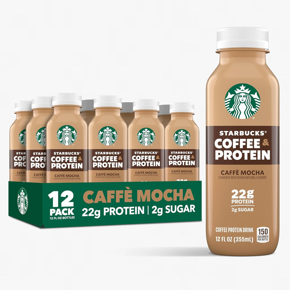 Starbucks Coffee & Protein, Caffe Mocha, 12 fl oz Bottles, (12 Pack), 22g 2g Sugar, No Added 5g Prebiotic Fiber, High Iced Coffee, Vegetarian