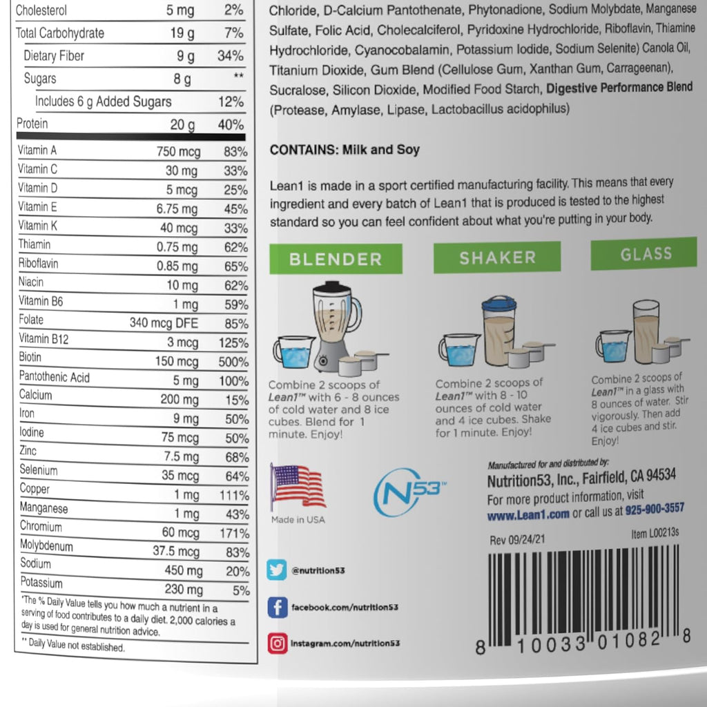 Lean1 Vanilla, Meal Replacement Protein Shake, 15 Serving Tub