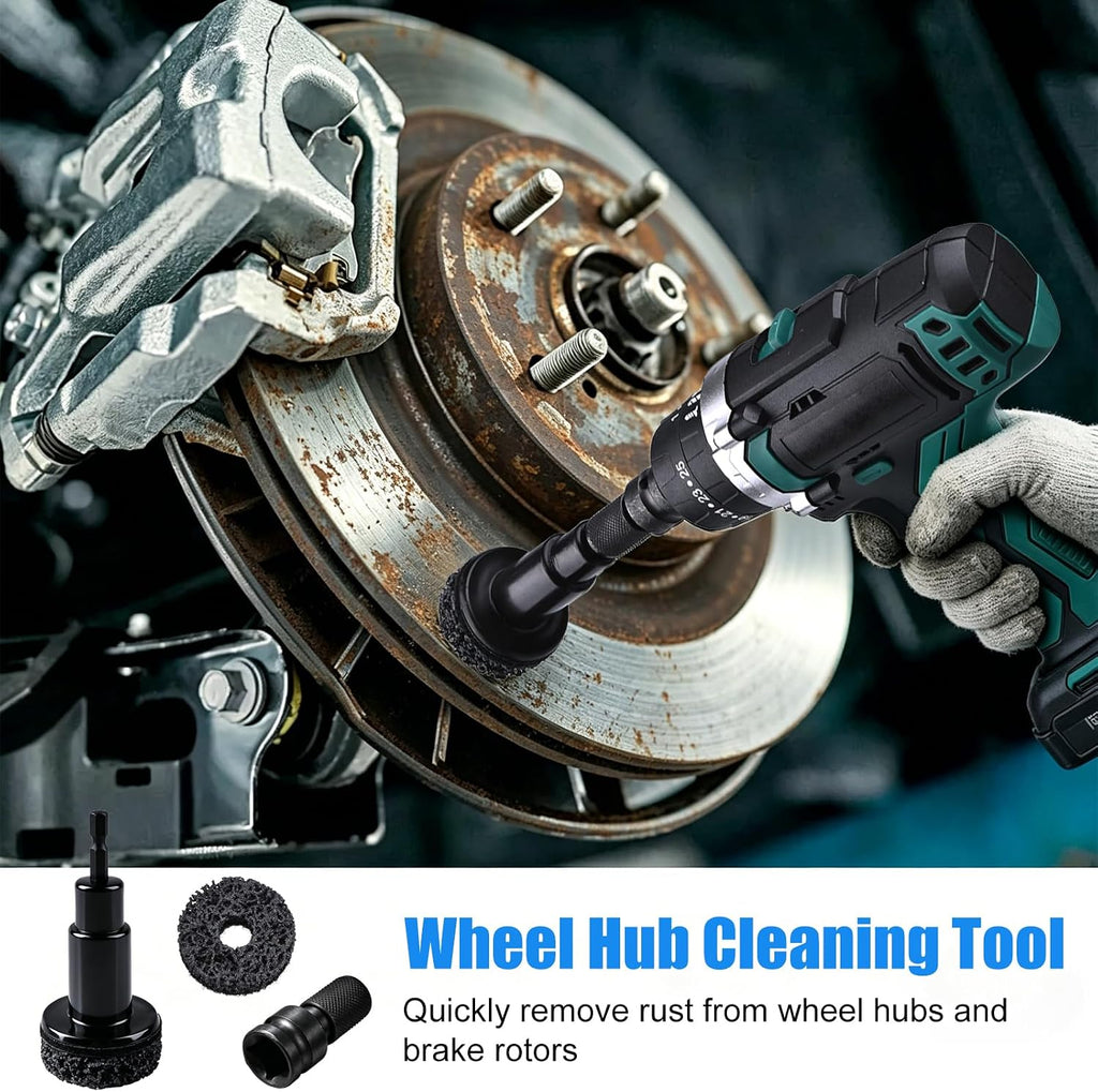 12Pcs Wheel Hub Cleaning Tool & Wire Wheel Kit -Quick Rust Removal | Fits Power Drill & 1/2" Impact Wrenches,Wheel Hub Resurfacing Kit with 6 cleaning pads,3 wire wheels,1rust remover brush