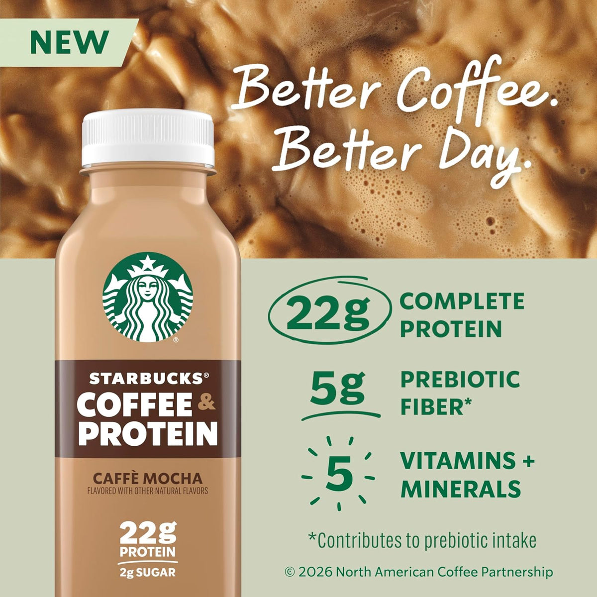 Starbucks Coffee & Protein, Caffe Mocha, 12 fl oz Bottles, (12 Pack), 22g 2g Sugar, No Added 5g Prebiotic Fiber, High Iced Coffee, Vegetarian