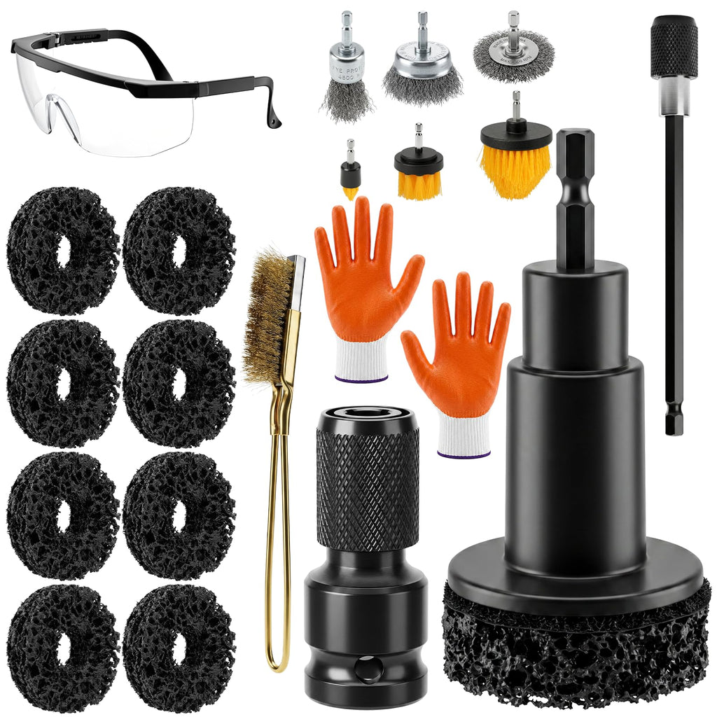 Wheel Hub Cleaning Tool Kit, 17 PCS Wheel Stud Rust Remover Tool with Goggles & Gloves, Surface Cleaning Pad Fits 1/2" Impact Wrench & Drill, for Vehicle Rotors, Hubs and Brake Service