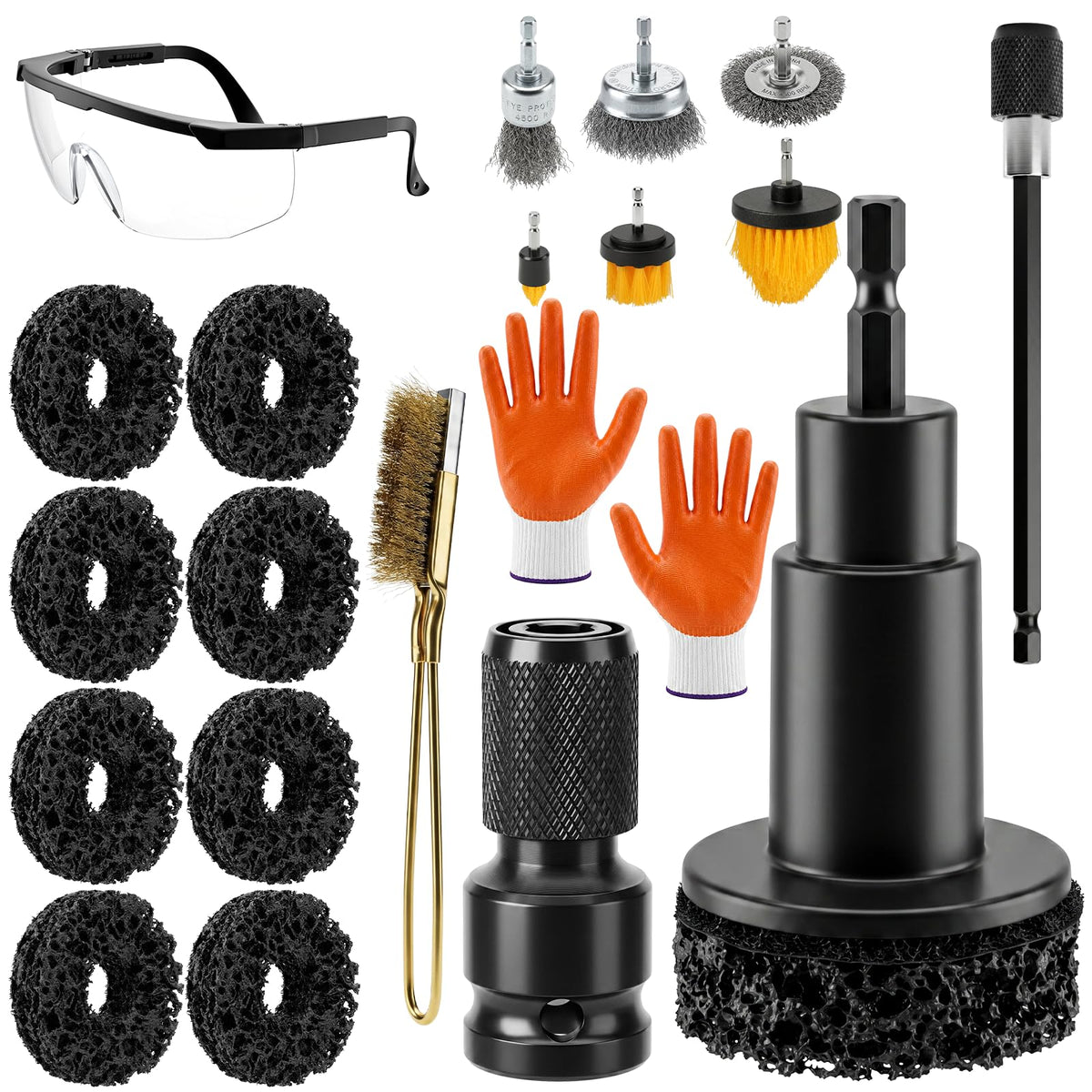 Wheel Hub Cleaning Tool Kit, 17 PCS Wheel Stud Rust Remover Tool with Goggles & Gloves, Surface Cleaning Pad Fits 1/2" Impact Wrench & Drill, for Vehicle Rotors, Hubs and Brake Service