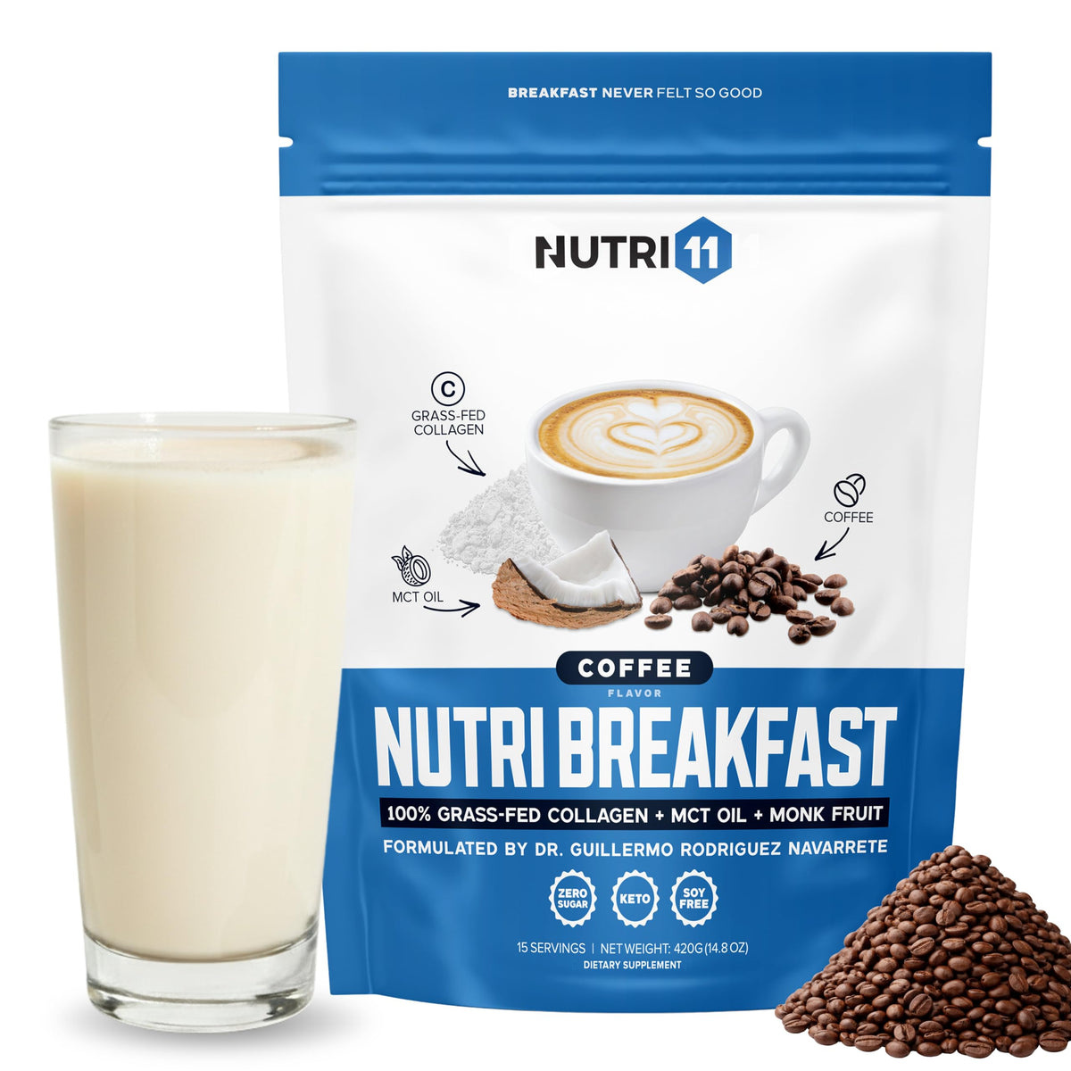 Nutri11 NutriBreakfast by Nutrillermo/Keto Protein Collagen Powder with MCT Oil/MCT Oil Powder/Keto Collagen Peptides with Grass-Fed Bovine Collagen Type I & III (15.9, Chocolate)