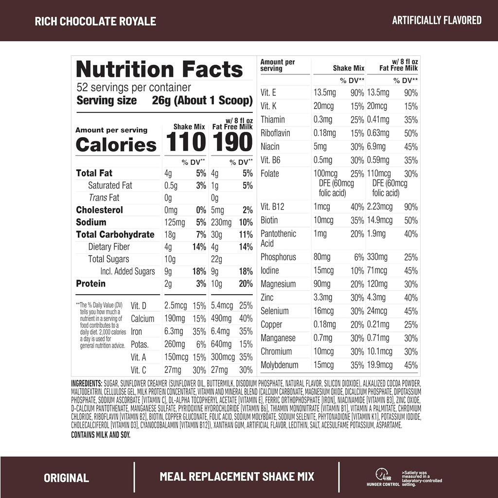 SlimFast Meal Replacement Powder, Original Rich Chocolate Royale, Weight Loss Shake Mix, 10g of Protein, 52 Servings (Packaging May Vary)