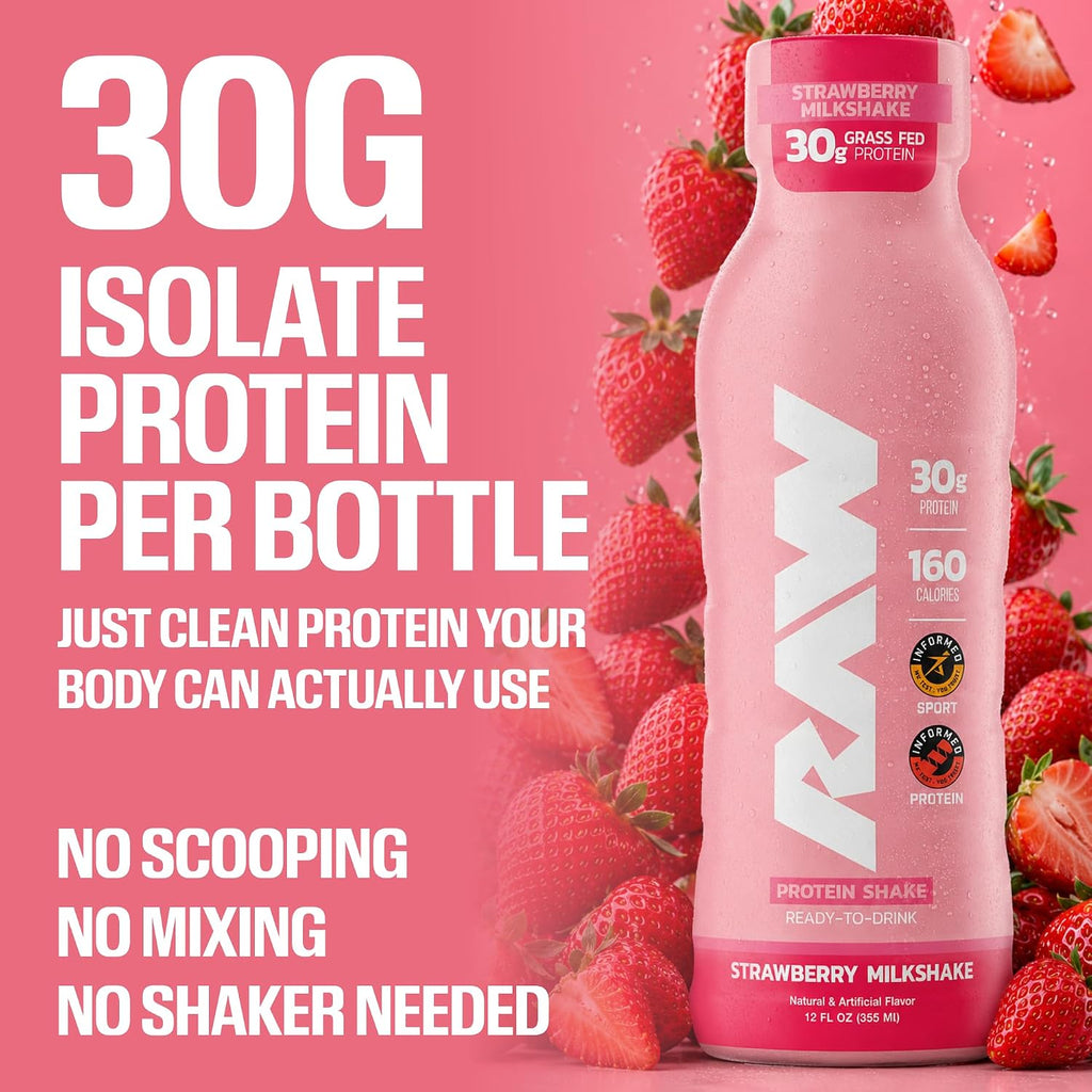 RAW Ready-to-Drink Protein Shake, Cookies & Cream - RTD Protein Drinks with Grass-Fed Whey Isolate for Post-Workout - Zero-Sugar & Gluten-Free Meal Replacement Drink & Breakfast Shake, 12 Fl Oz