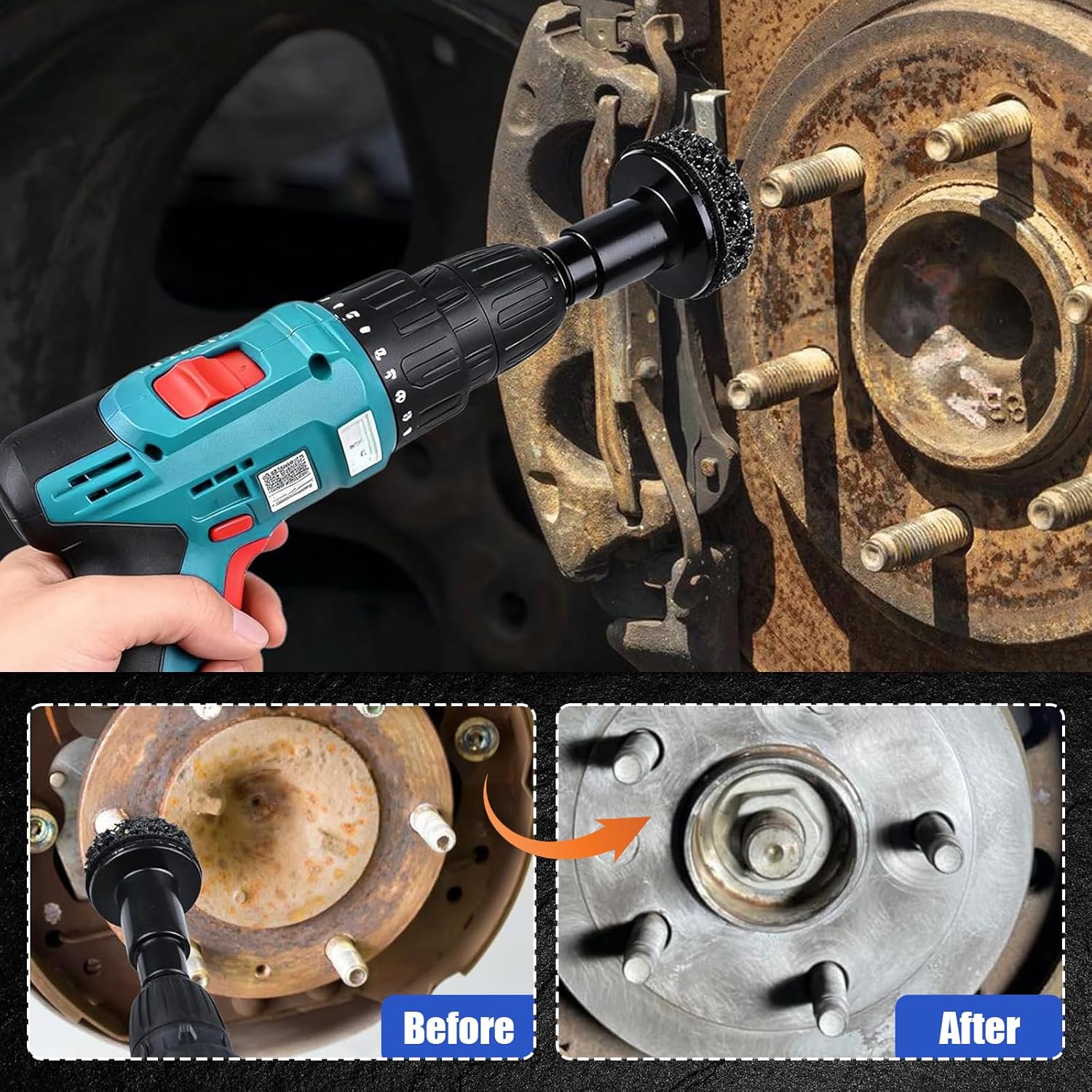 Wheel Hub Cleaning Kit, Brake Dust Remover Wheel Cleaning Sets | Extra 15 Pads,Holder and Adapte Fits for Power Drill or 1/2" Impact Driven Wrenches Black
