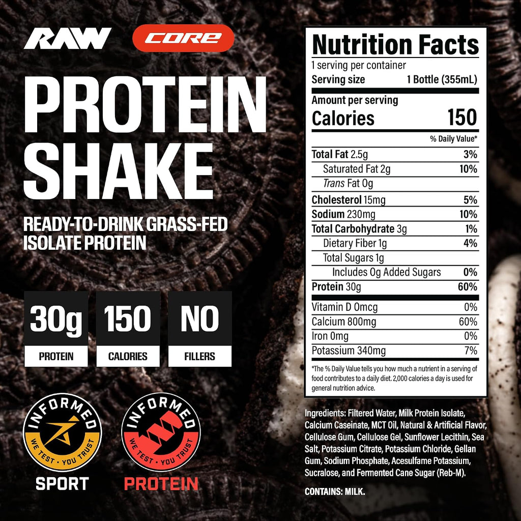 RAW Ready-to-Drink Protein Shake, Cookies & Cream - RTD Protein Drinks with Grass-Fed Whey Isolate for Post-Workout - Zero-Sugar & Gluten-Free Meal Replacement Drink & Breakfast Shake, 12 Fl Oz