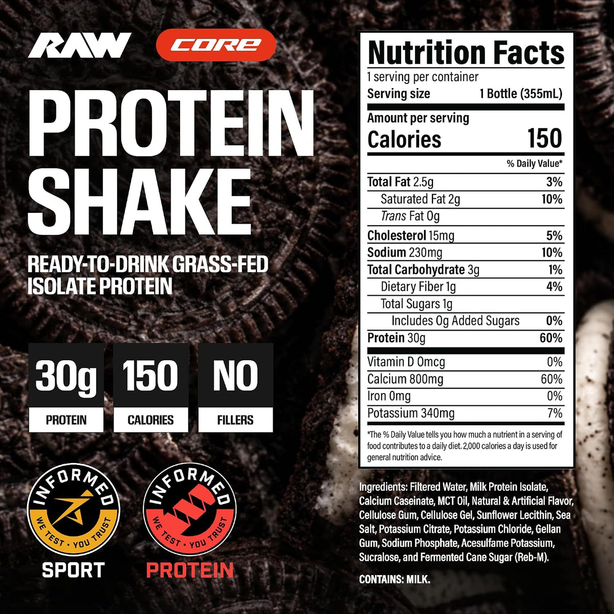 RAW Ready-to-Drink Protein Shake, Cookies & Cream - RTD Protein Drinks with Grass-Fed Whey Isolate for Post-Workout - Zero-Sugar & Gluten-Free Meal Replacement Drink & Breakfast Shake, 12 Fl Oz