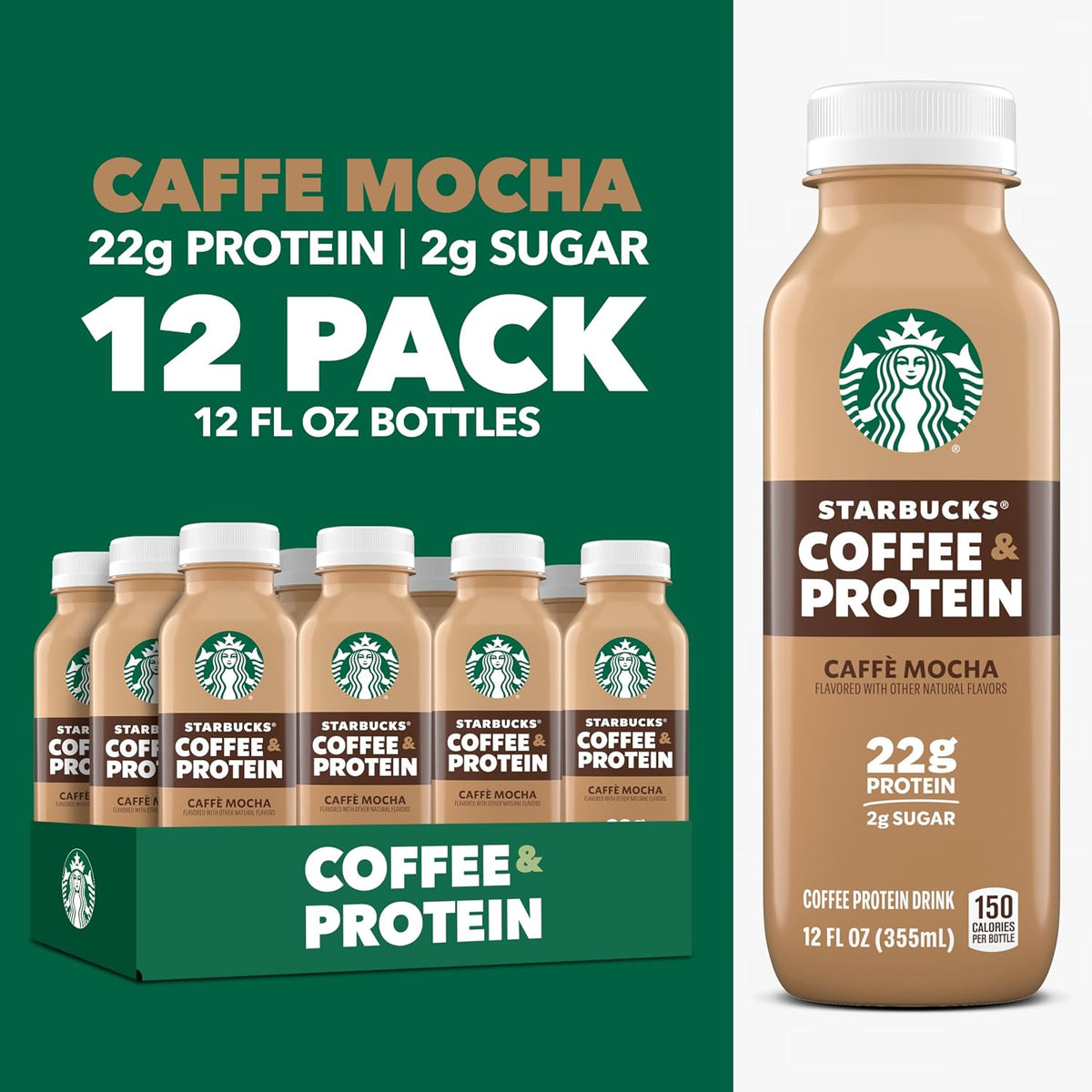 Starbucks Coffee & Protein, Caffe Mocha, 12 fl oz Bottles, (12 Pack), 22g 2g Sugar, No Added 5g Prebiotic Fiber, High Iced Coffee, Vegetarian