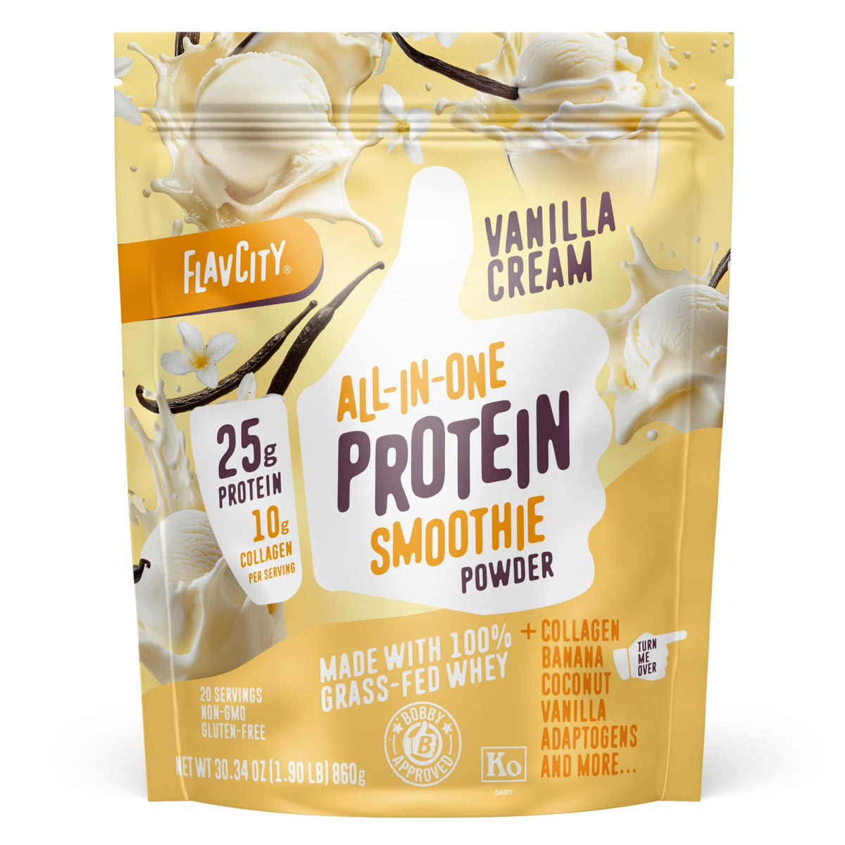 FlavCity All in One Protein Shake Powder, Salted Caramel - On the Go Meal Alternative + Collagen Peptides, Reishi & Cordyceps - Focus, Skin, Hair & Joint Support - 100% Grass Fed Whey, 20 Servings