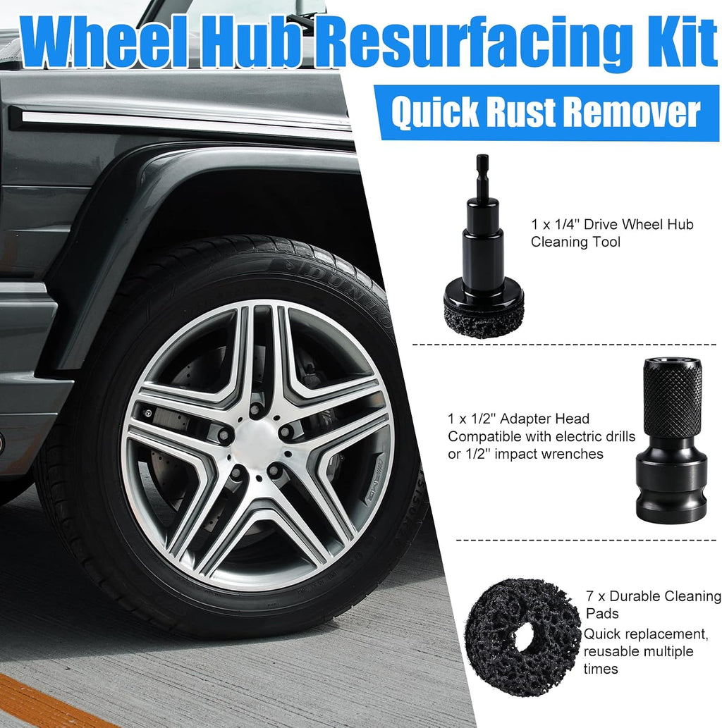 12Pcs Wheel Hub Cleaning Tool & Wire Wheel Kit -Quick Rust Removal | Fits Power Drill & 1/2" Impact Wrenches,Wheel Hub Resurfacing Kit with 6 cleaning pads,3 wire wheels,1rust remover brush