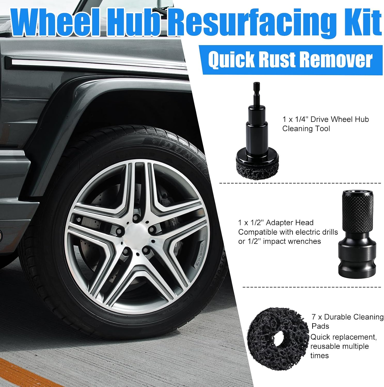 12Pcs Wheel Hub Cleaning Tool & Wire Wheel Kit -Quick Rust Removal | Fits Power Drill & 1/2" Impact Wrenches,Wheel Hub Resurfacing Kit with 6 cleaning pads,3 wire wheels,1rust remover brush
