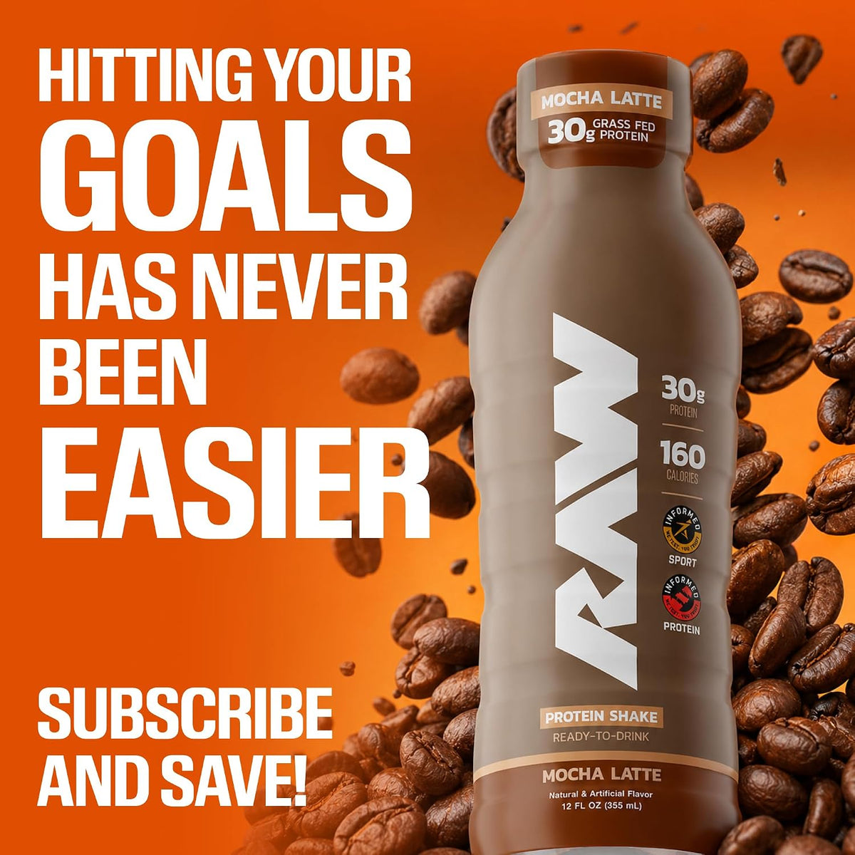 RAW Ready-to-Drink Protein Shake, Cookies & Cream - RTD Protein Drinks with Grass-Fed Whey Isolate for Post-Workout - Zero-Sugar & Gluten-Free Meal Replacement Drink & Breakfast Shake, 12 Fl Oz